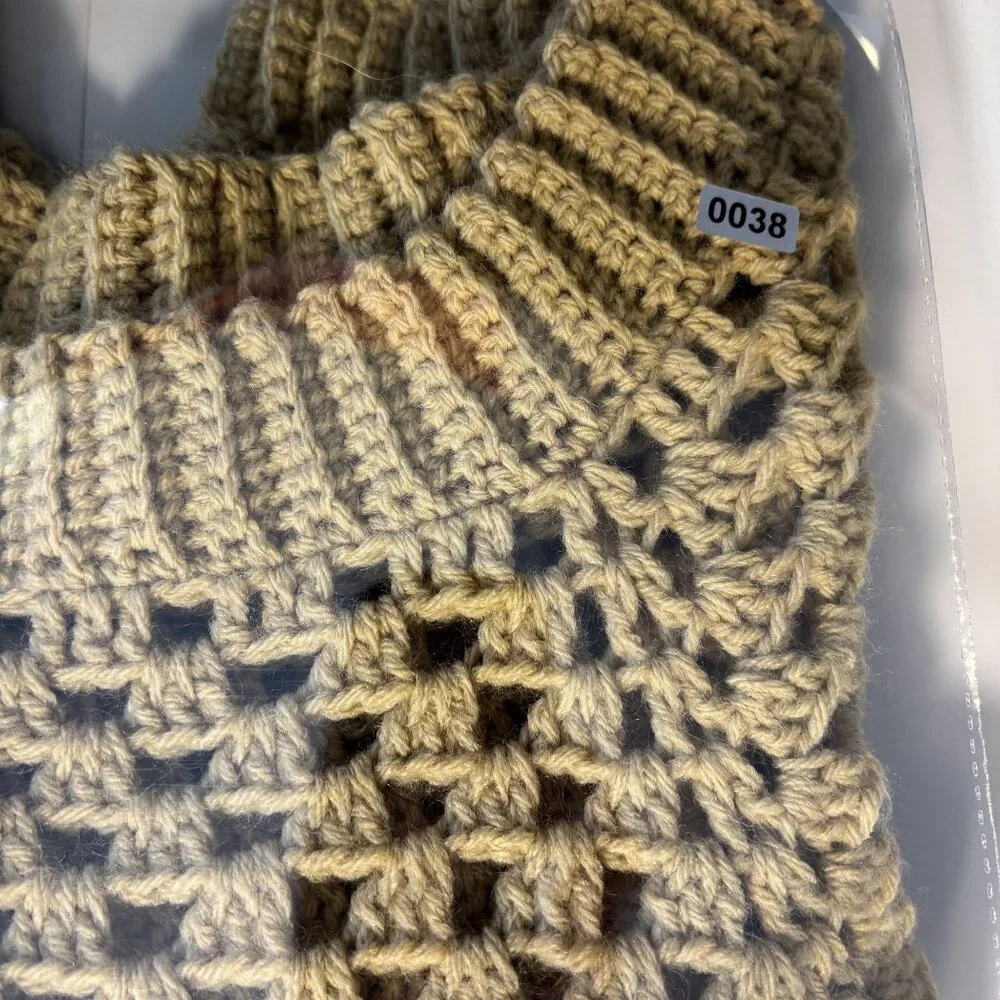 Handmade Crochet Open-Knit Beige Sweater With Ribbed Collar & Cuffs - Picture 9 of 9